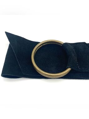 Vintage Black Suede Belt with Round Brass Buckle 43”
